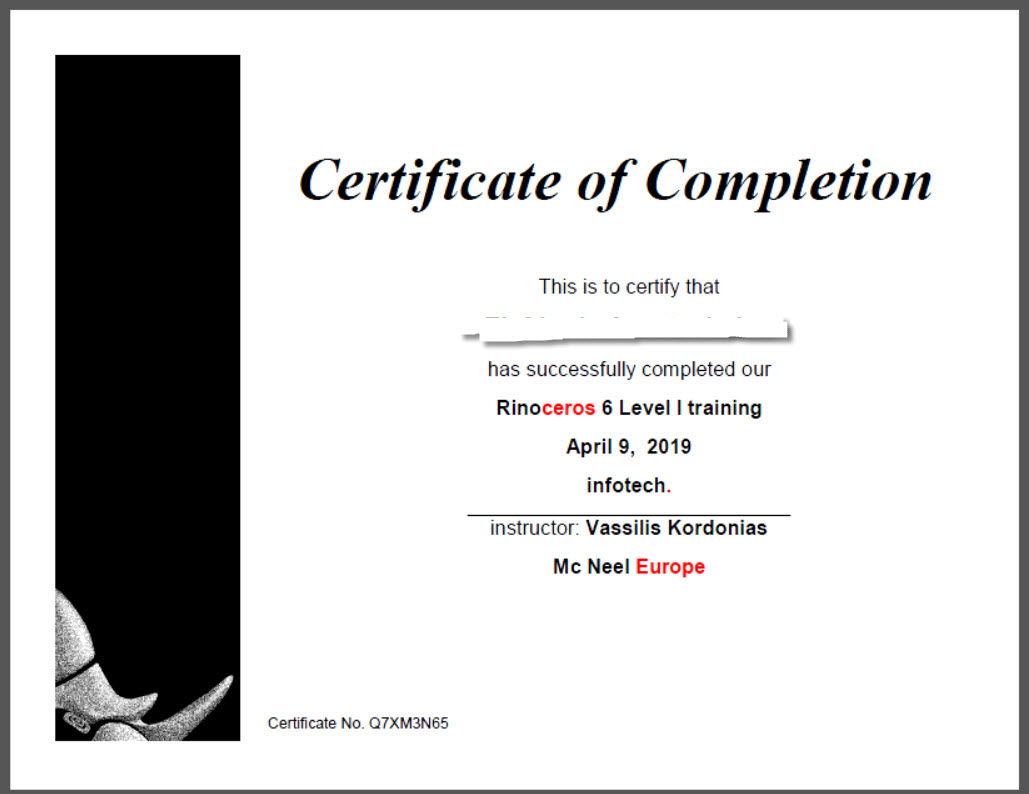 Rhino Certificate of Completion